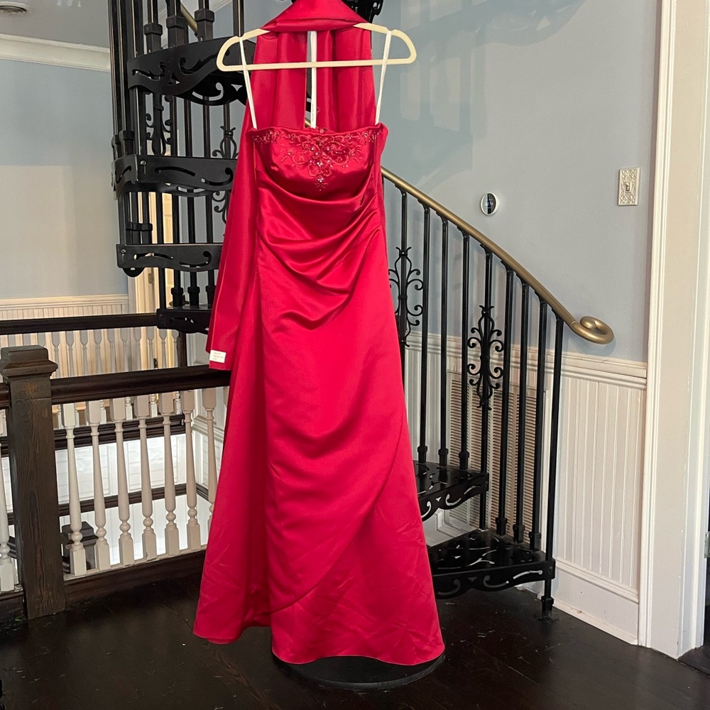 David's Bridal Apple red strapless A-line formal gown 6